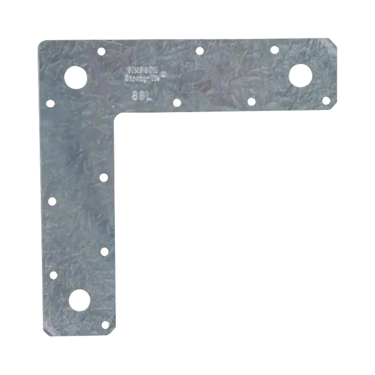 The Go Build 8 in. x 8 in. 14 Ga Galvanized L Strap is crafted from 14-gauge steel with an L-shape and multiple circular holes for secure attachment, featuring a textured surface for enhanced durability and strength.